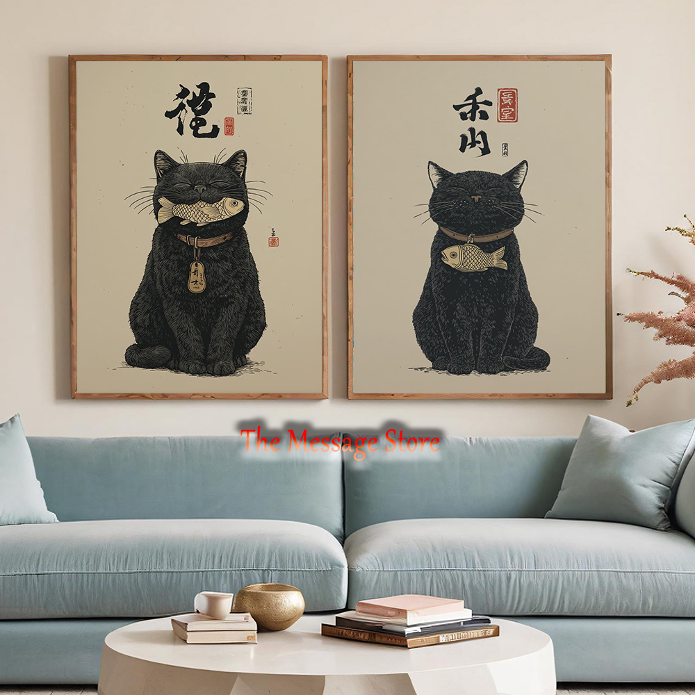 Japanese Lifestyle And Traditions - Черный кот удачи в стиле укиё-э: